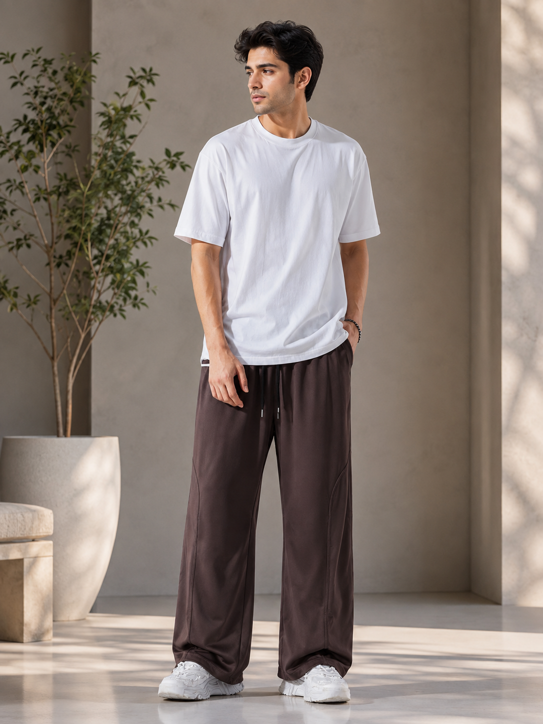 A man wearing a white short-sleeve crewneck t-shirt and dark brown wide-leg drawstring pants, standing in a minimalist indoor setting with a beige wall and a potted plant.