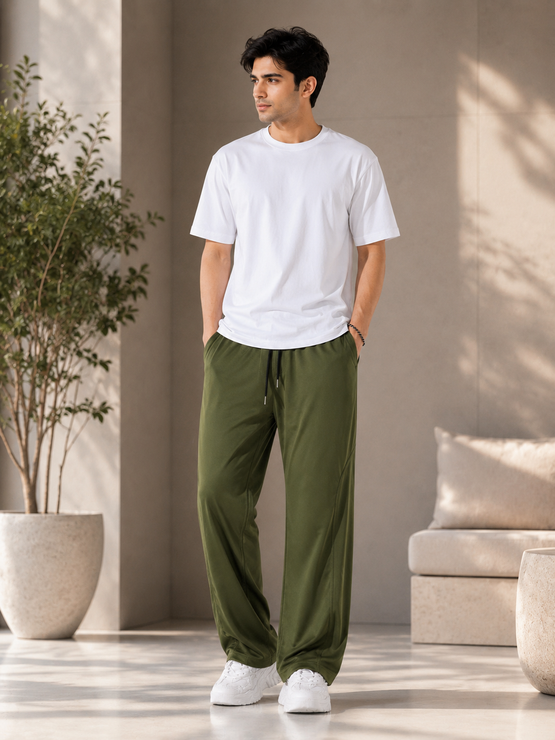 A man wearing a white crewneck t-shirt and olive green drawstring sweatpants, standing in a modern, sunlit indoor space with a potted plant and a sofa in the background.