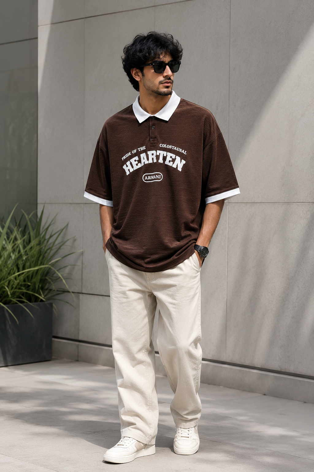 A man wearing a brown short-sleeve polo shirt with a white collar and white trim, featuring a white 'HEARTEN' graphic on the chest. He is also wearing beige trousers and white sneakers, standing against a gray concrete wall.