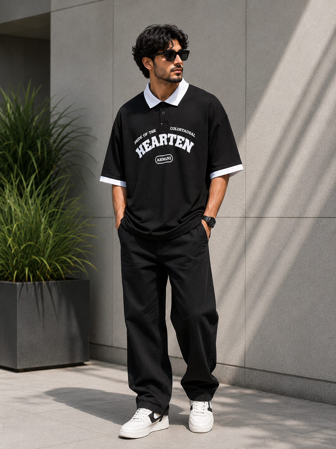 A man wearing a black short-sleeve polo shirt with white trim and a white 'HEARTEN' logo on the front, paired with black pants and white sneakers, standing against a gray concrete wall.