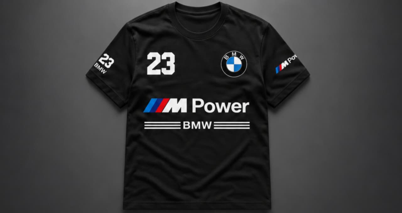 A black short-sleeve BMW M Power t-shirt with the number 23 on the chest, displayed against a dark gray background.