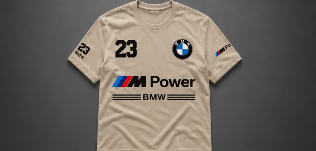 A beige short-sleeve BMW racing jersey with the number 23, featuring the BMW roundel, 'M Power' logo, and sleeve decals, displayed against a dark gray background.