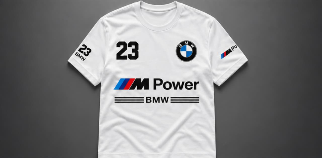 A white short-sleeve BMW racing jersey with the number 23, featuring the BMW roundel, M Power logo, and BMW branding on the chest and sleeves, displayed against a dark gray background.